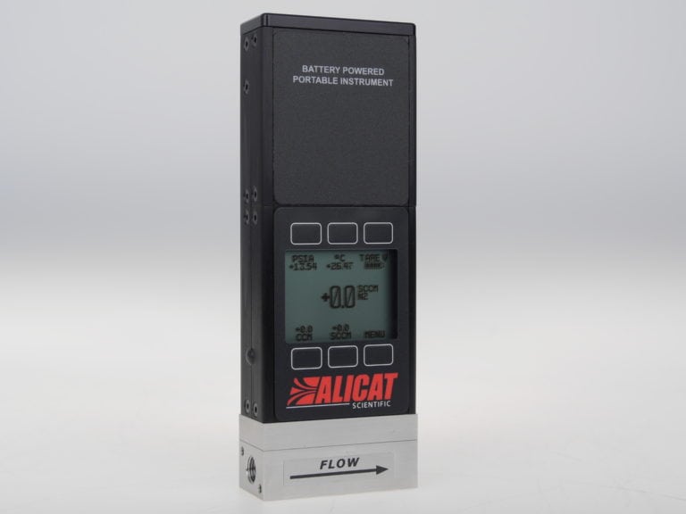 ALICAT portable mass flow meter, available with a standard monochrome display