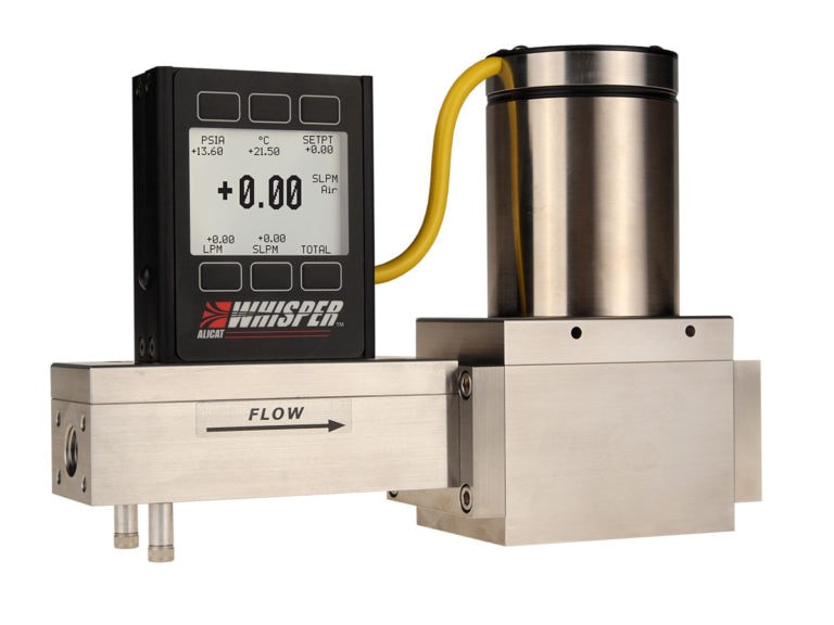 Alicat MCRW high-flow "Whisper" series mass flow controller, shown with downstream valve
