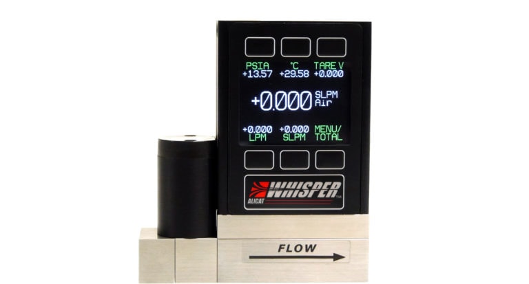 Whisper-series mass flow meter, shown with optional color display